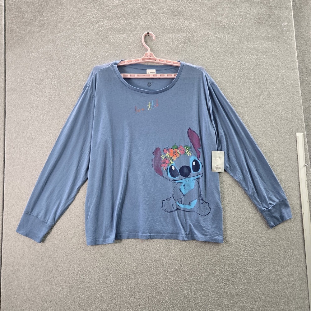 Disney Women Shirt XXL Blue Graphic Stitch Long Sleeve Logo NWT
